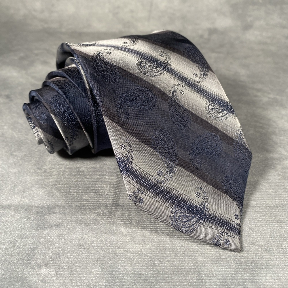 Orvieto Vintage Paisley Striped Black,‎ Blue, Silver Silk Tie Necktie